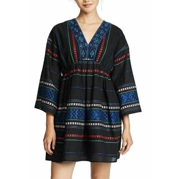 Joie Boho Embroidered Cotton Mini Dress Small Black VNeck Blue Shada Bell Sleeve - Picture 7 of 9